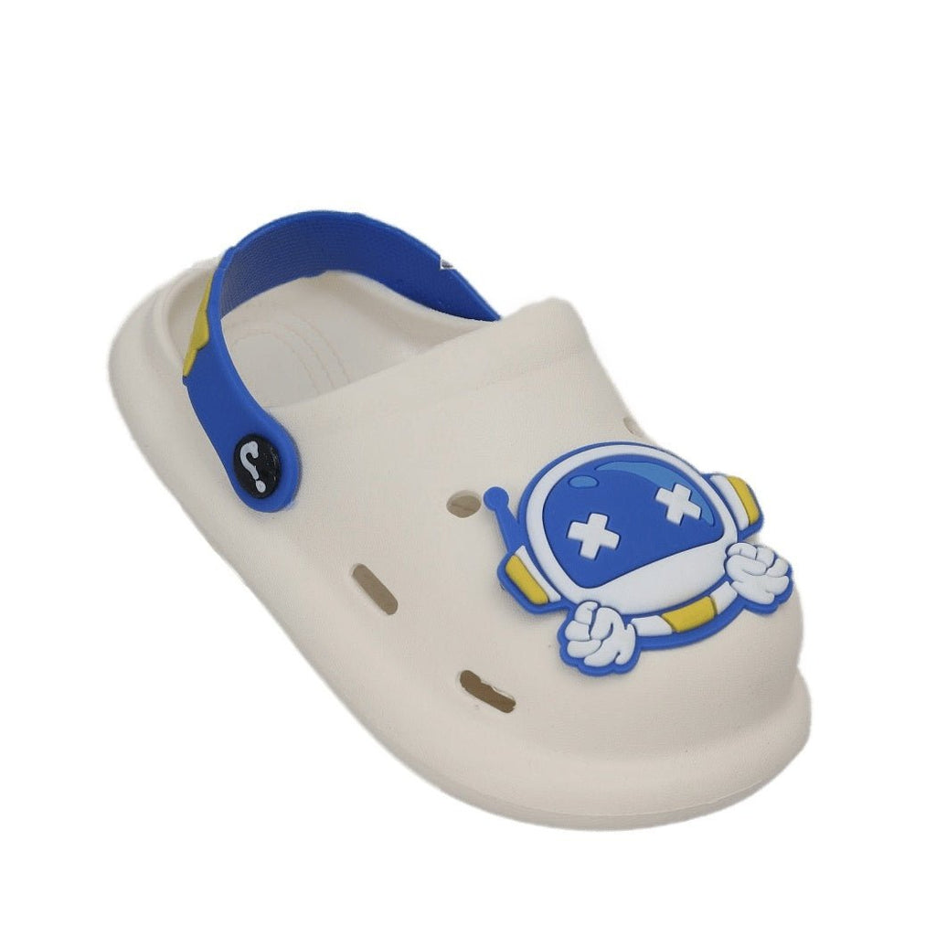 Side view of children's space-themed clog with a secure blue strap and astronaut detail.