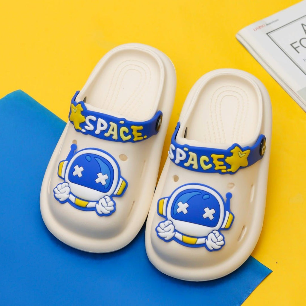 Kids' white clogs with a blue space strap and cheerful astronaut motif