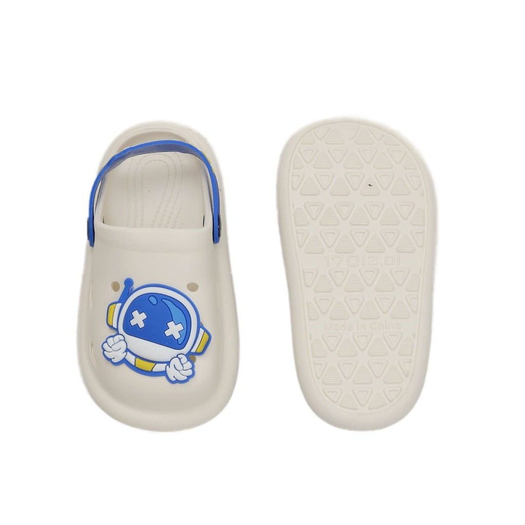 Top and sole view of space explorer clogs highlighting the astronaut design and non-slip tread
