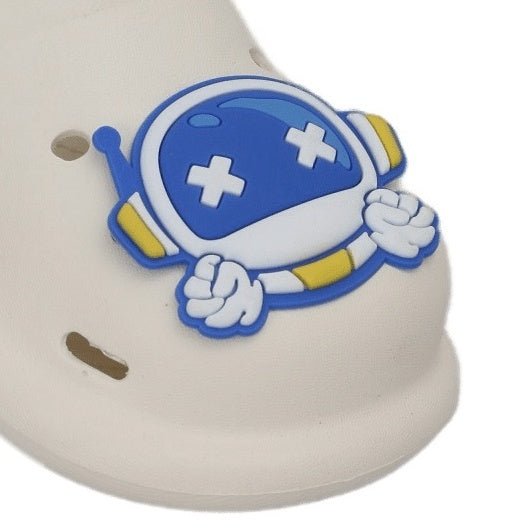 Close-up of the astronaut motif on children's space explorer clogs