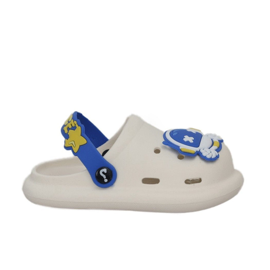 Side view of children's space-themed clog with a secure blue strap and astronaut detail