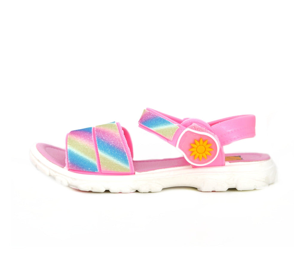 Side angle of Rainbow Glitter Sandals highlighting the colorful straps and comfortable design.