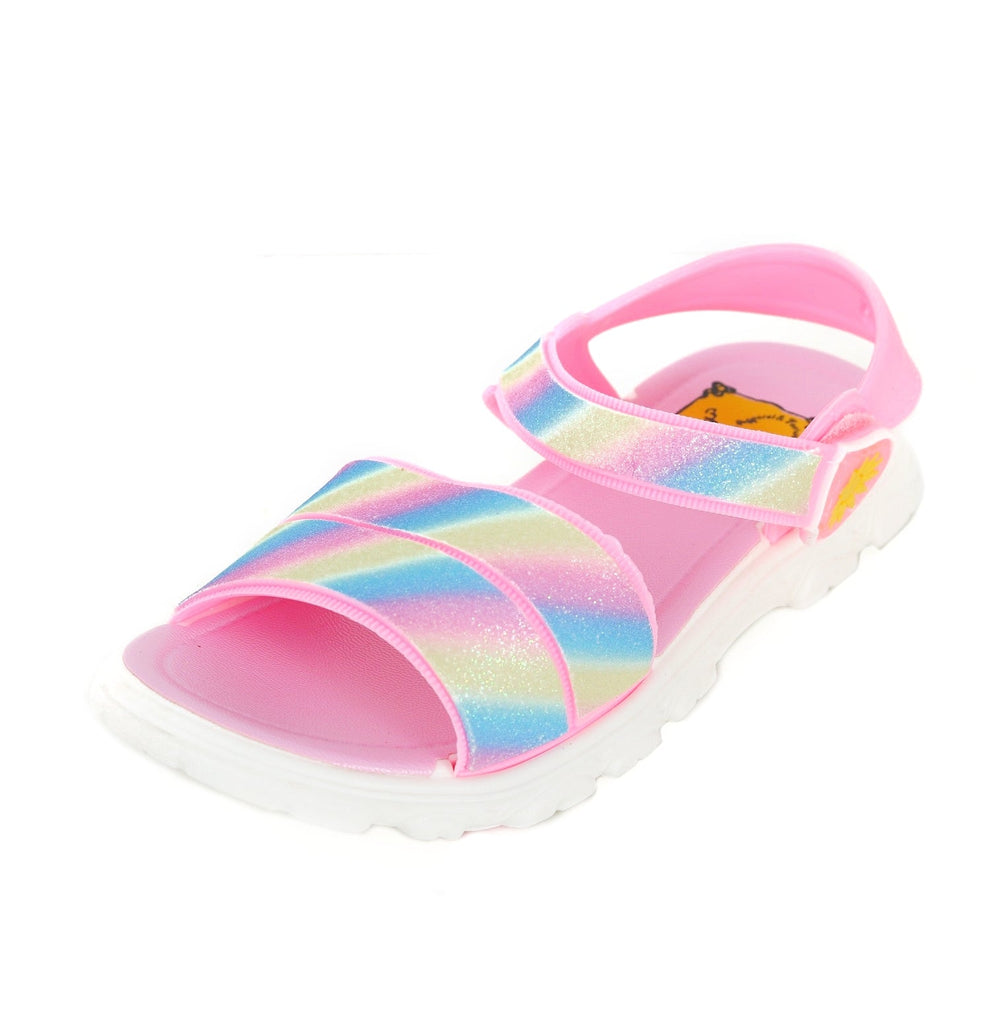 Top view of Rainbow Glitter Sandals with pink sole and sparkle straps.