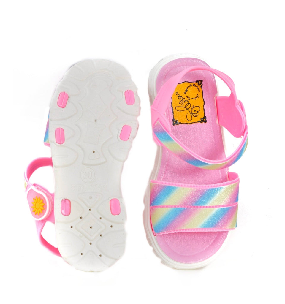 Sole view of Rainbow Glitter Sandals showing the anti-slip design and pink accents.