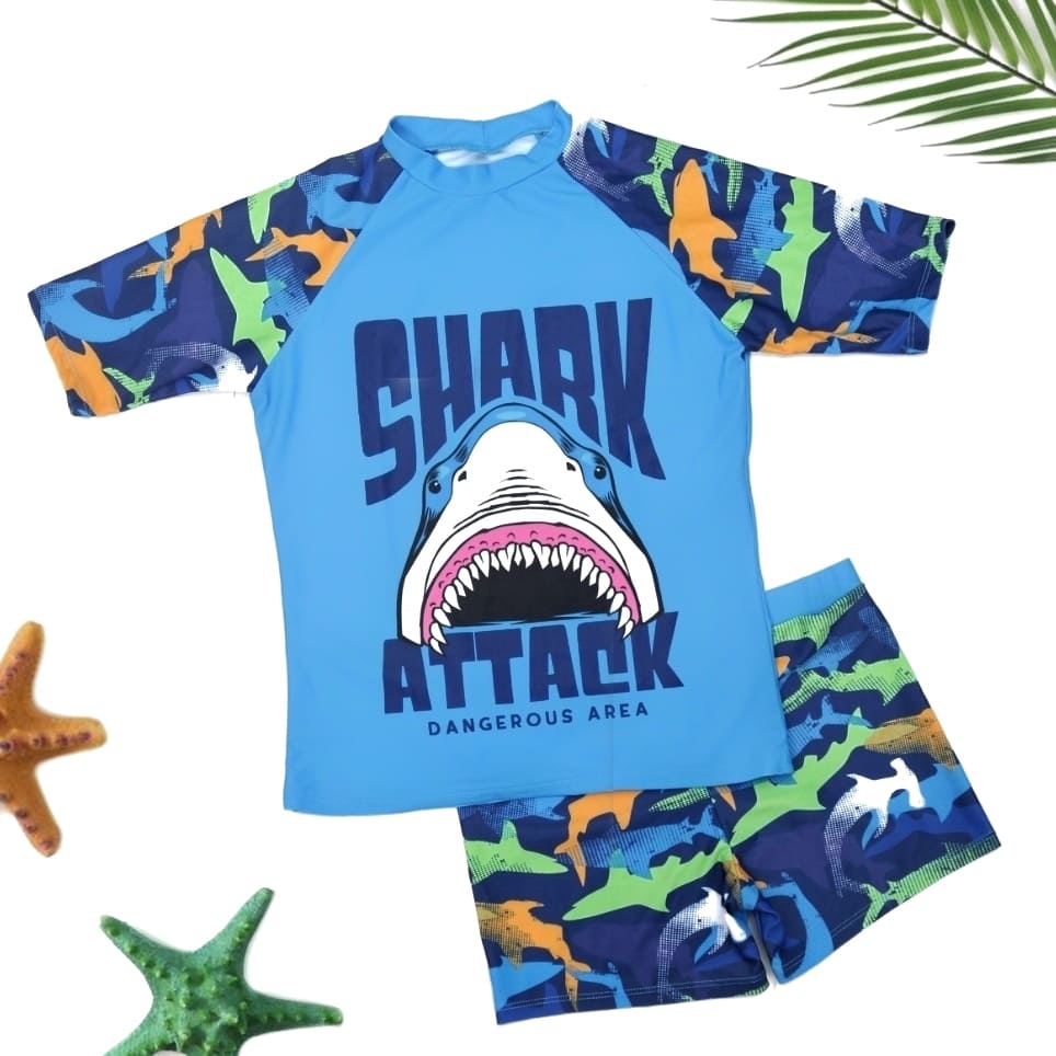 Boys' Blue Shark Attack Swimwear Set by Yellow Bee with Rash Guard and Trunks