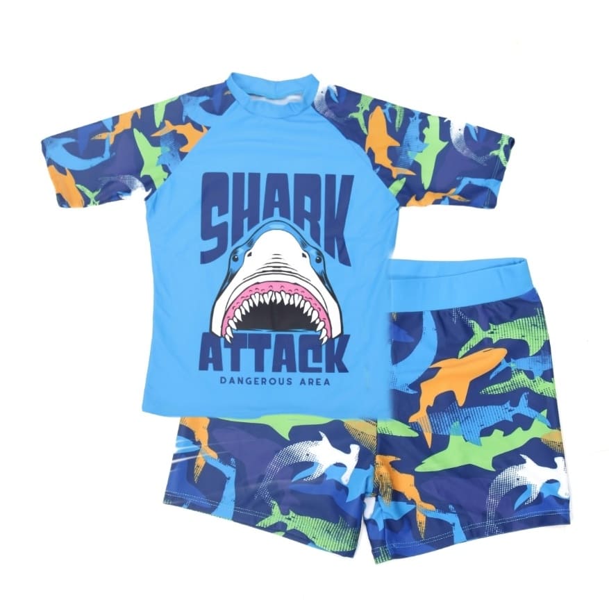 Complete Set of Yellow Bee Shark Print Swimwear for Boys Laid Flat