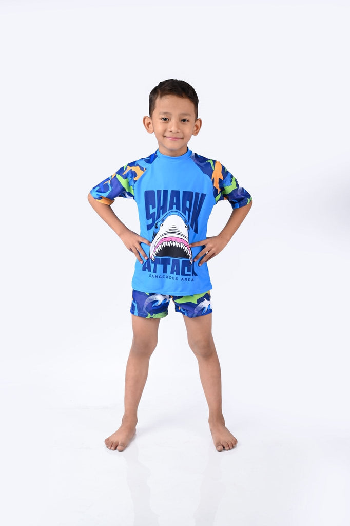 Front View of Yellow Bee Boys' Shark-Themed Swimwear Set with Zipper Closure