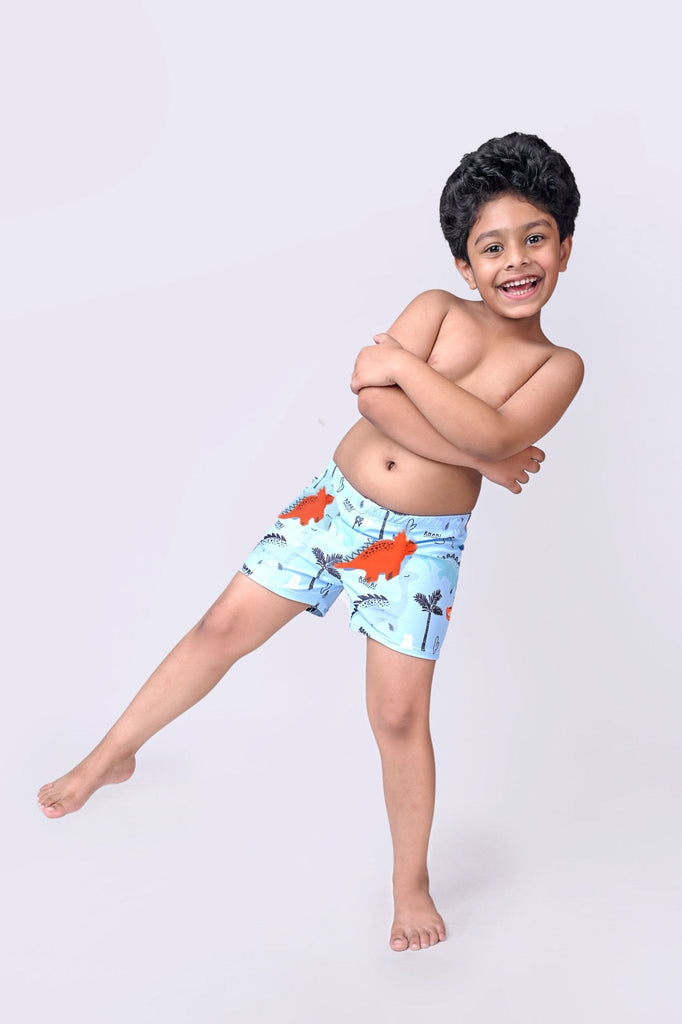 Boy smiling in blue dino print swim shorts for a fun day at the beach