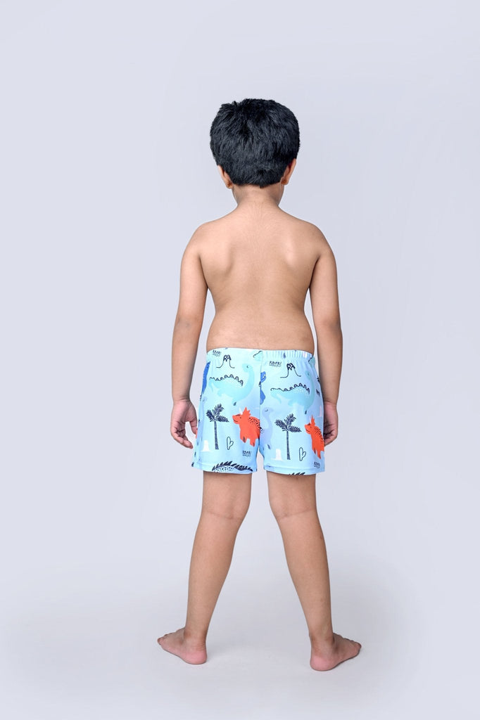 Back view of boy wearing blue dinosaur-themed swim trunks