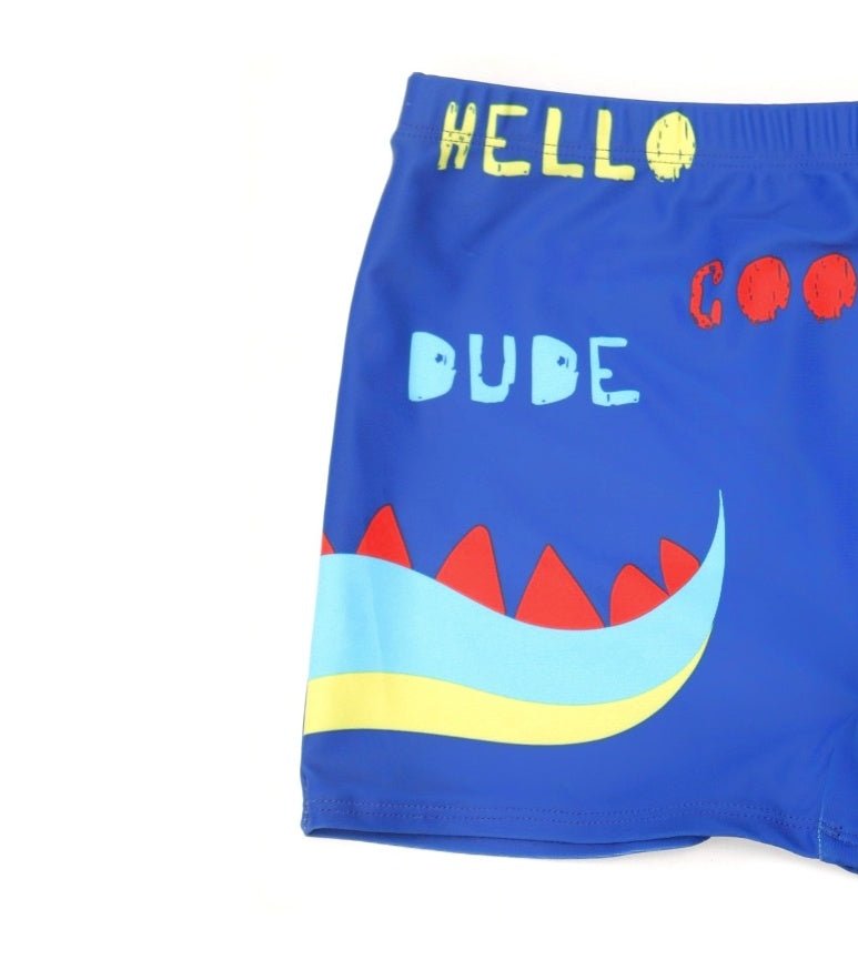 Blue swim shorts with a catchy 'HELLO DUDE COOL' dino design laid out flat