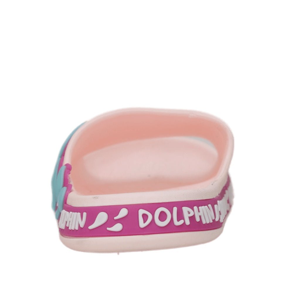 Back view of Pink Dolphin Slides emphasizing the secure and snug fit