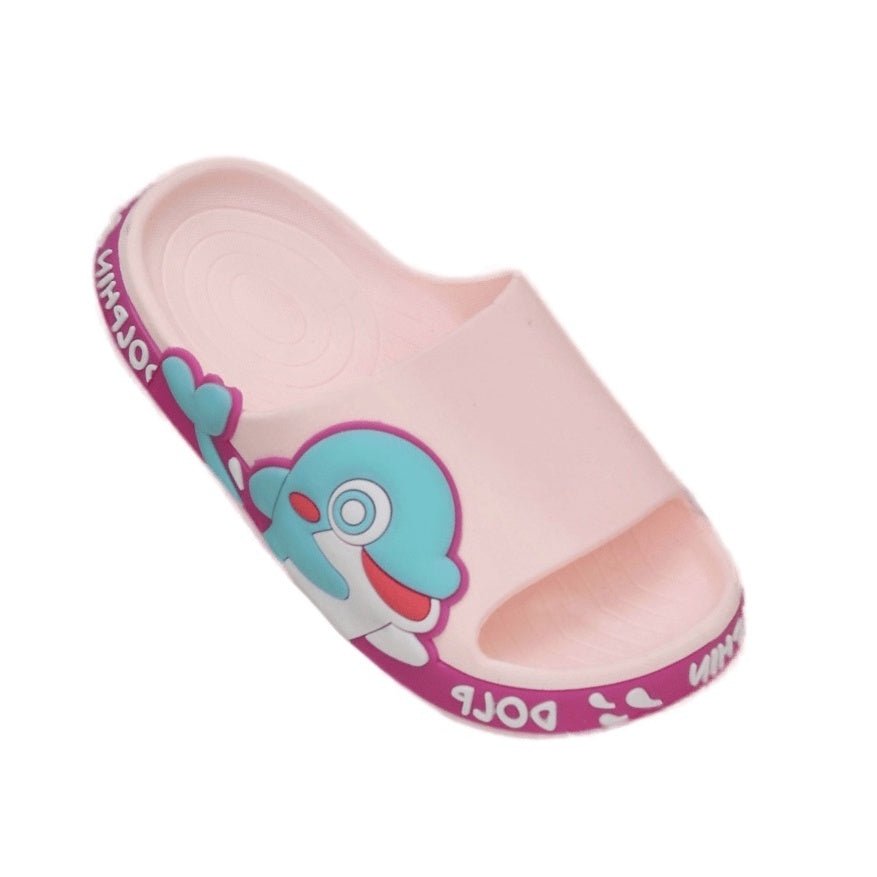 Top view of a single pink slide with a cute dolphin design, showcasing the comfort footbed