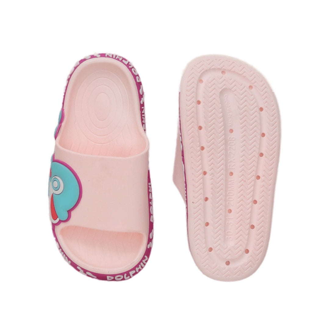 Back view of a child’s slide showing the dolphin design wrapping around the heel for added style