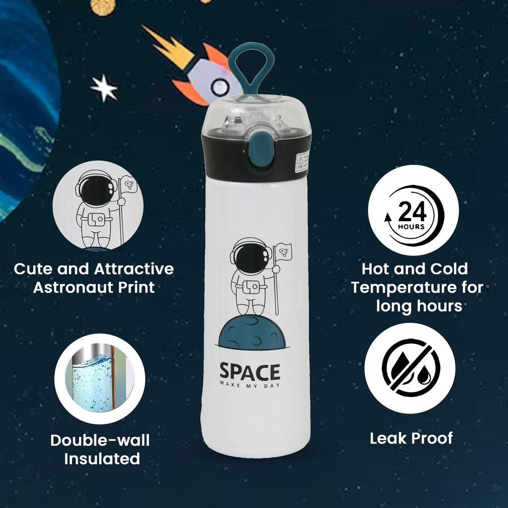 Infographic Highlighting Features of Yellow Bee Astronaut Flask with Space Illustrations