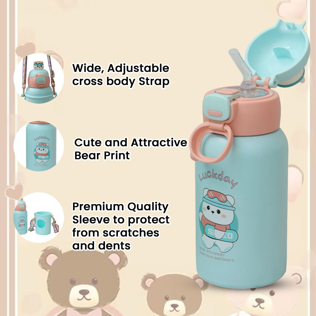 Feature Highlights of Yellow Bee Blue Bear Flask with Cute Bear Print and Strap