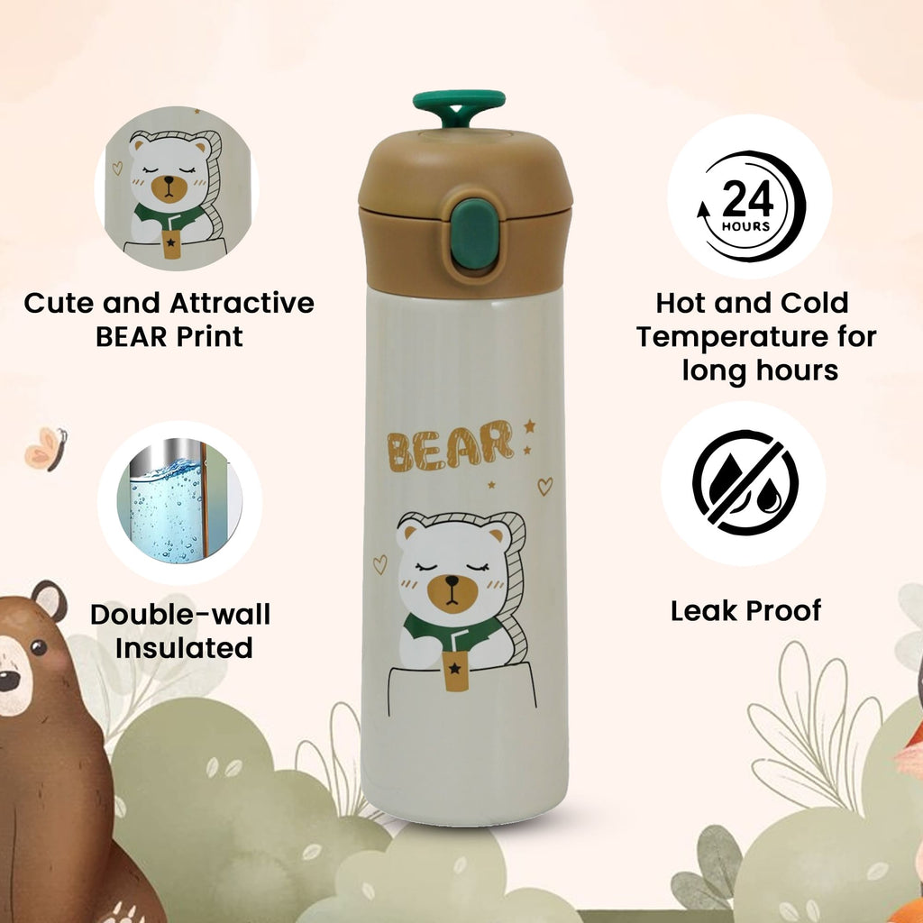 Insulated Feature Display of Yellow Bee Beige Bear Flask with Cute Bear Graphic