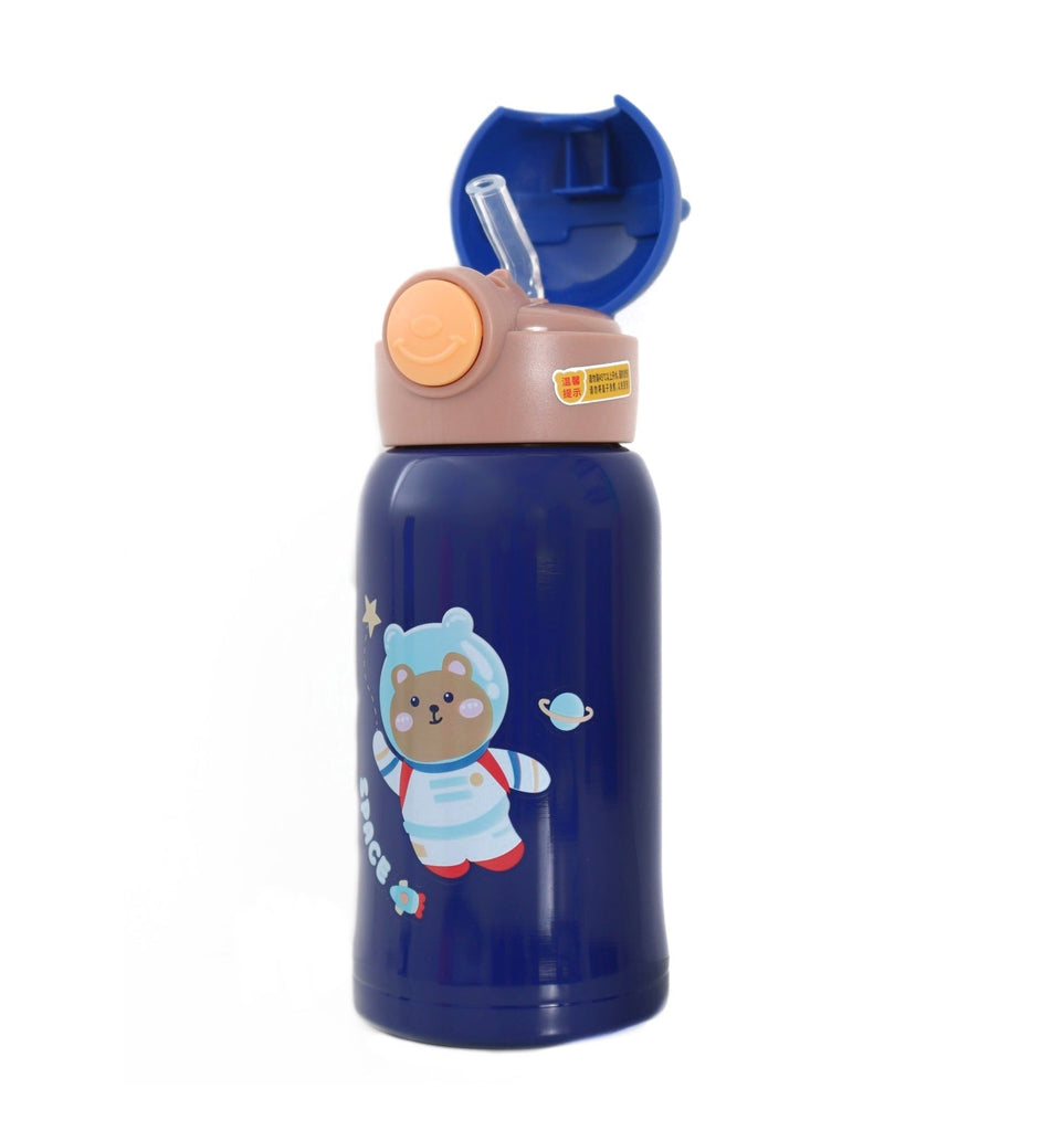 Open Yellow Bee stainless steel flask with Bear Space design and drinking straw