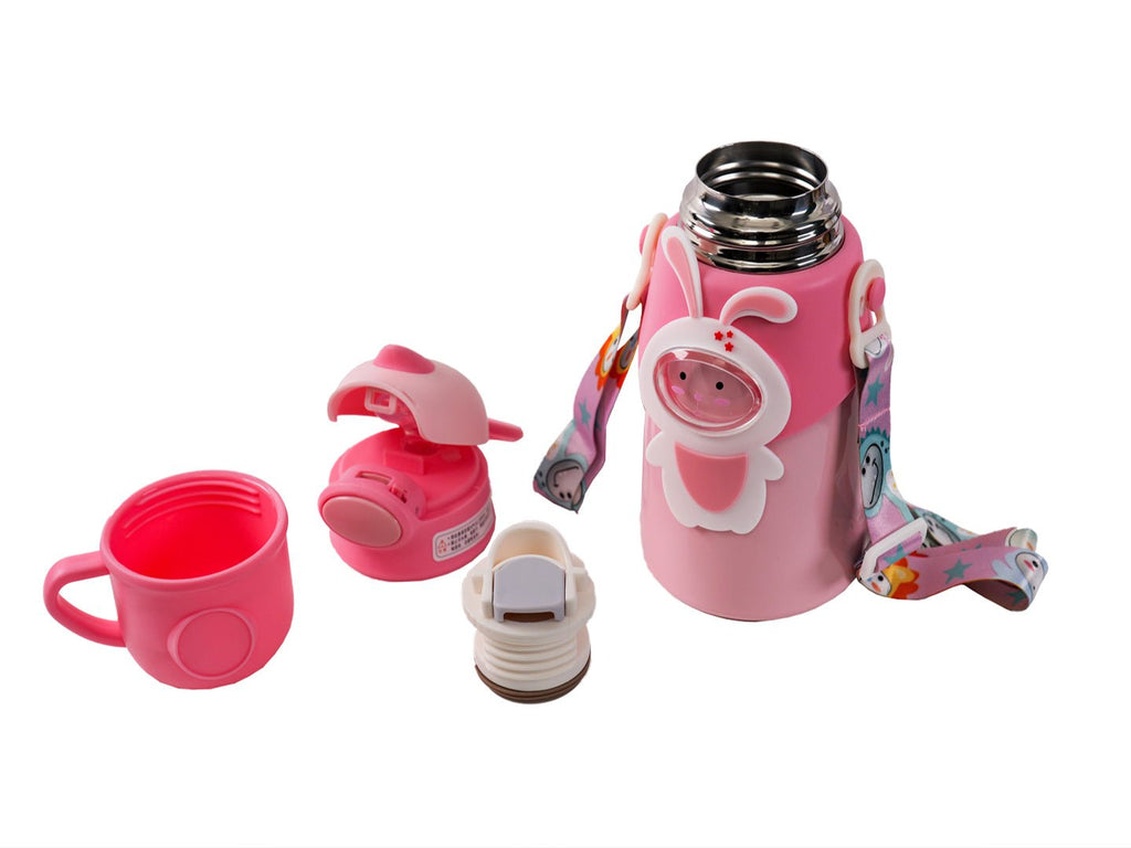 Open view of the Pink Yellow Bee Stainless Steel Bunny Flask with cup and straw