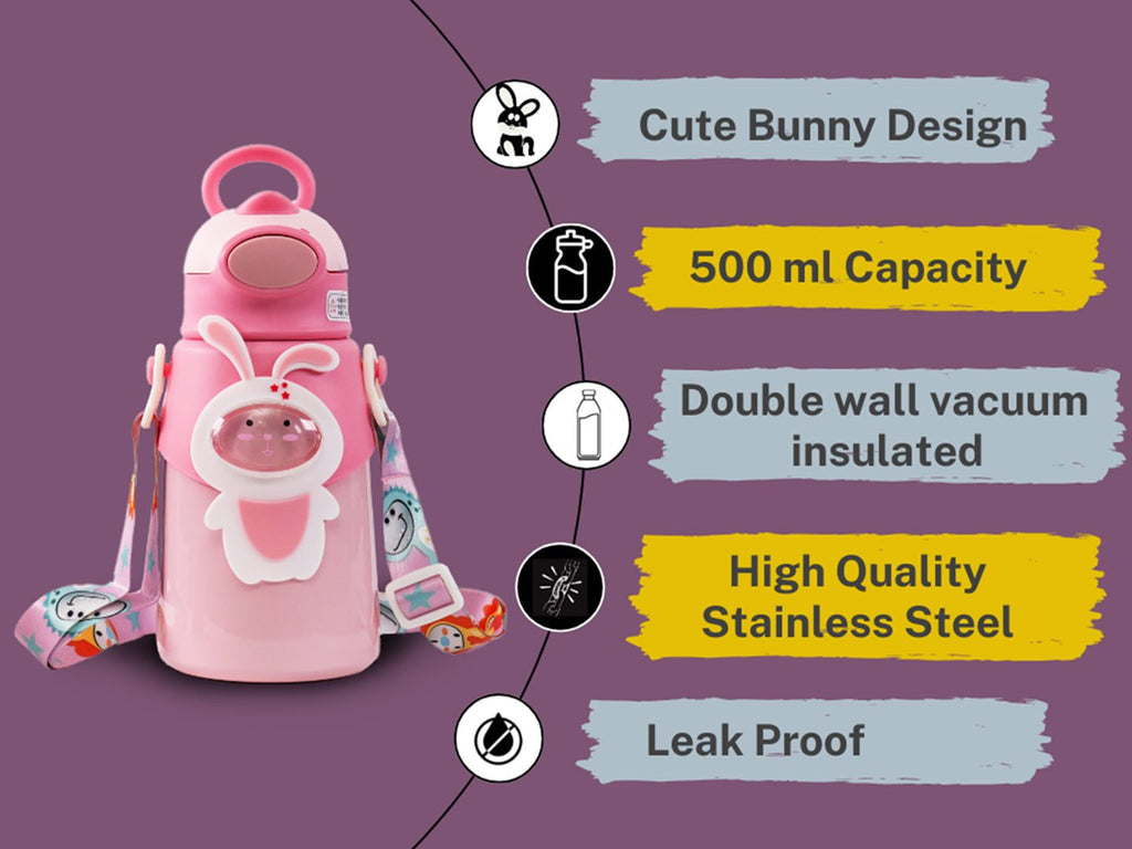 Informative display of the leak-proof and insulated features of Yellow Bee Bunny Flask