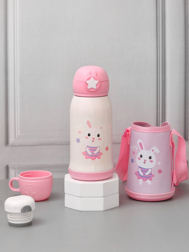 Elegant Yellow Bee Stainless Steel Bunny Flask in white and pink with a bottle cover and cup on a neutral background