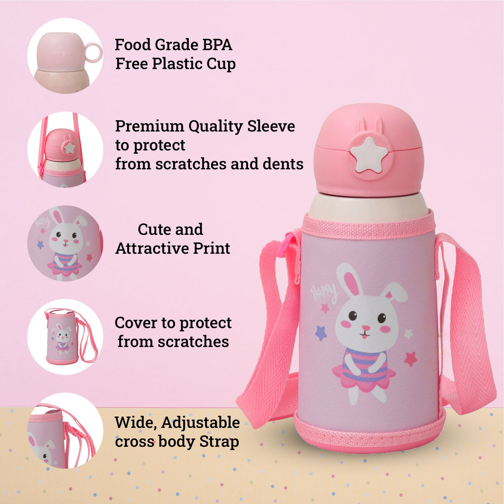 Protective and design features of the Yellow Bee Bunny Flask including the BPA-free cup and cross-body strap