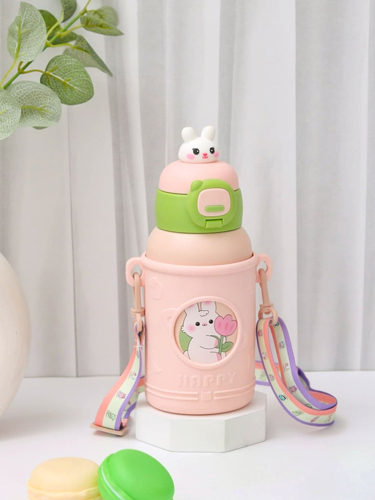 Adorable Yellow Bee Pink Bunny Stainless Steel Flask with Shoulder Strap and Bottle Cover