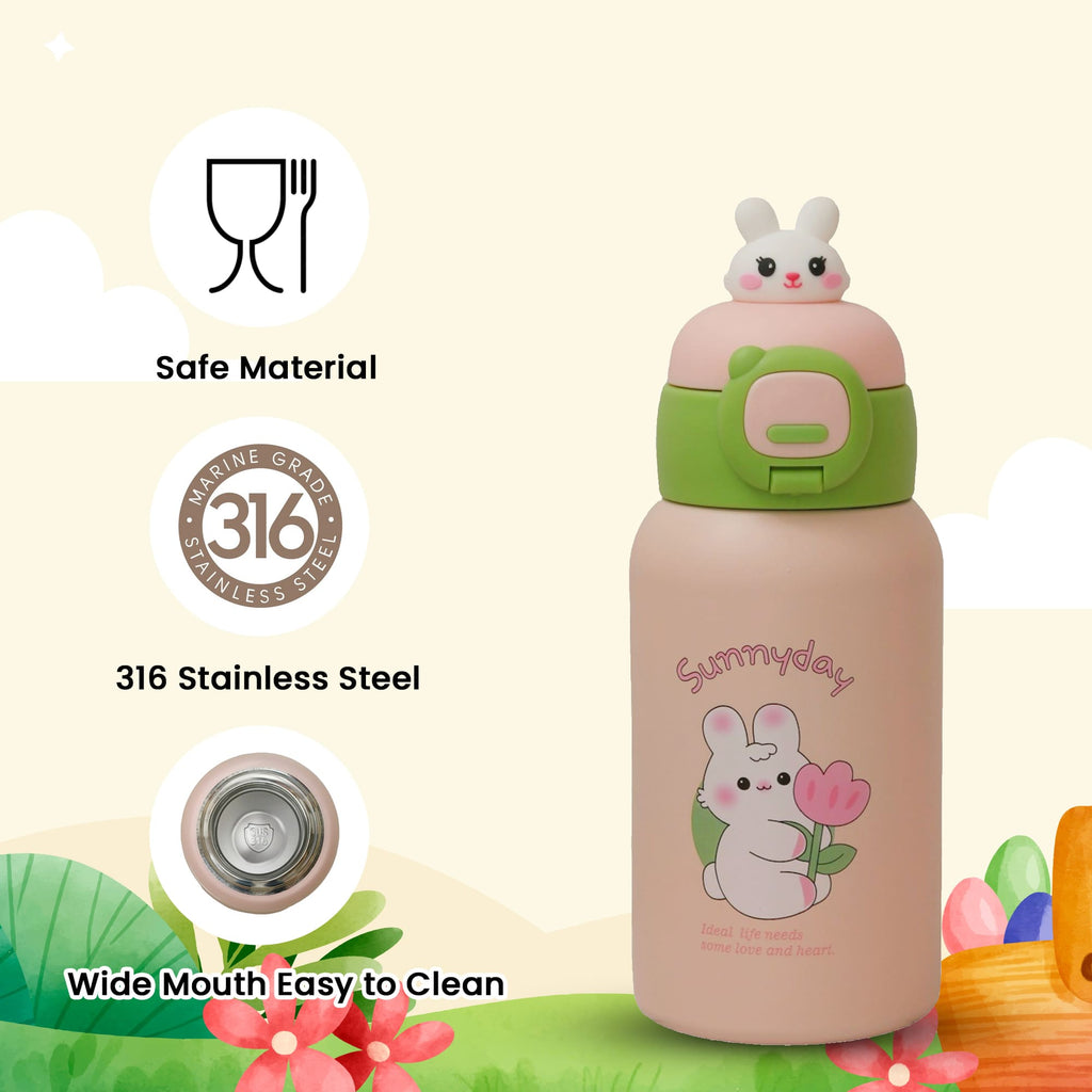 Yellow Bee Pink Bunny Flask Made with Safe 316 Stainless Steel and Wide Mouth Design