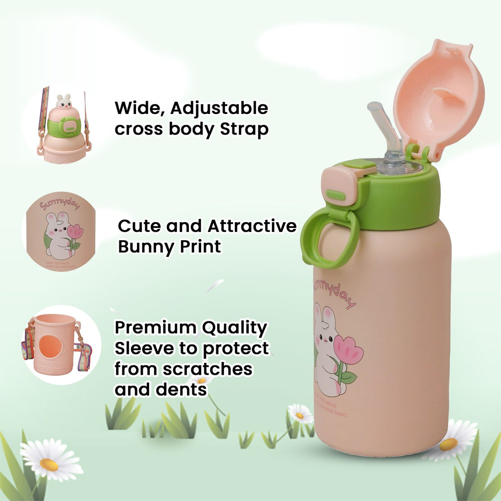 Features of Yellow Bee Pink Bunny Flask Including Adjustable Strap and Protective Sleeve