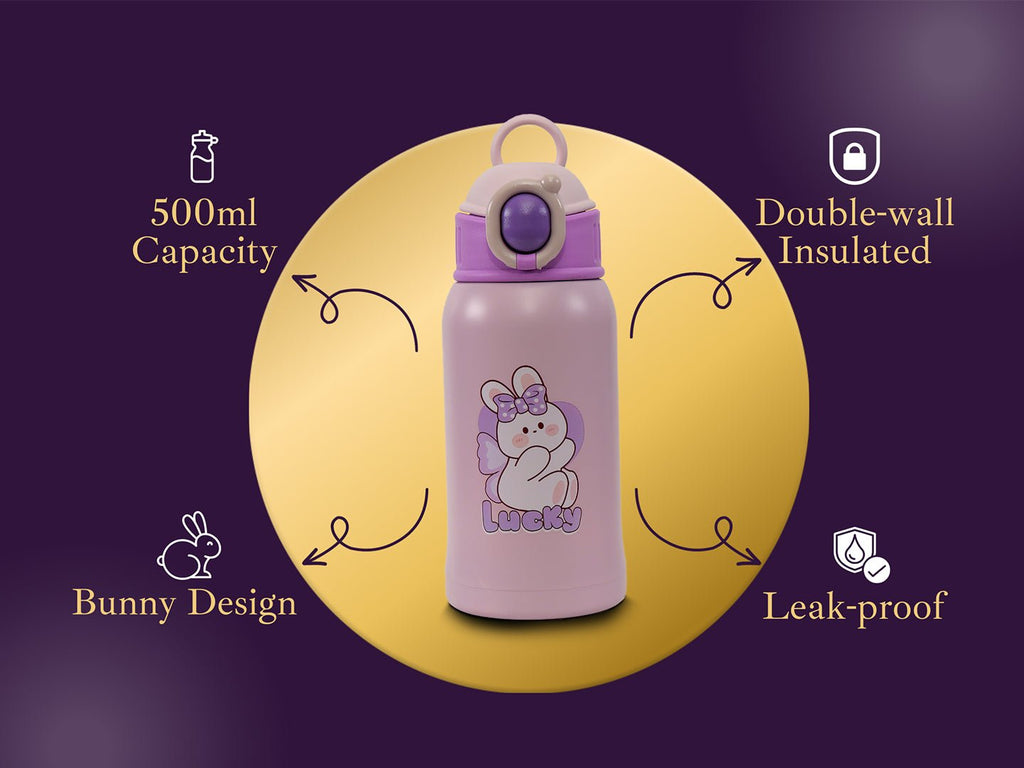 Informative display of the leak-proof and double-wall insulated features of the Purple Bunny Stainless Steel Flask