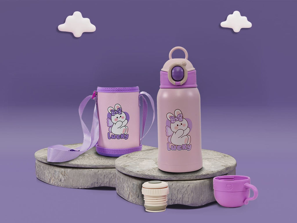 Full set view of the Yellow Bee Stainless Steel Bunny Flask in purple with cup and protective sleeve