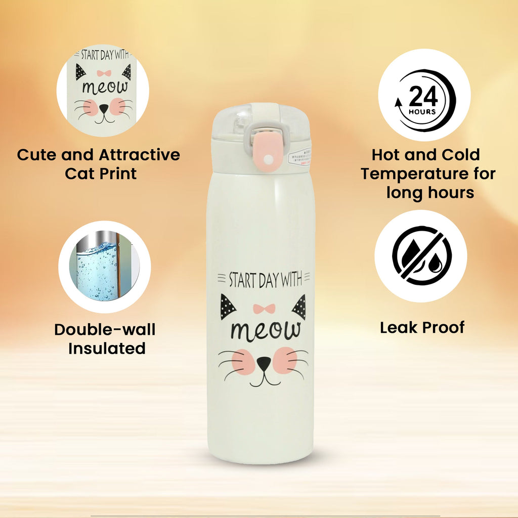 Features of Yellow Bee Off-White Cat Face Flask Showcasing Double-Wall Insulation
