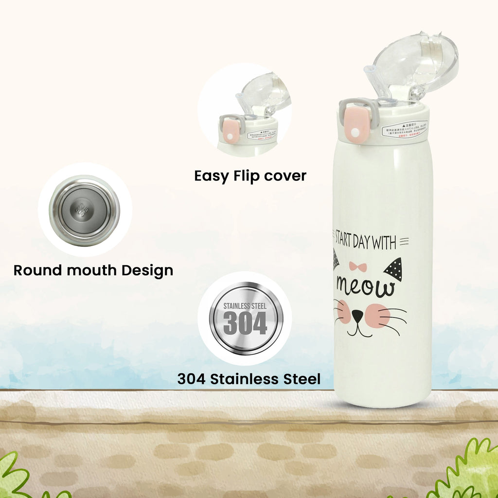 Design Details of Yellow Bee Stainless Steel Cat Face Flask with Easy Flip Cover