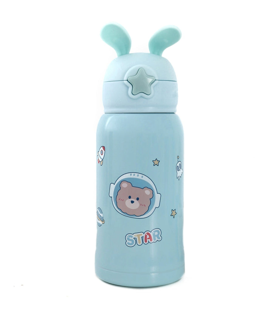 Blue Yellow Bee stainless steel water bottle with cute bear design and bunny ears lid
