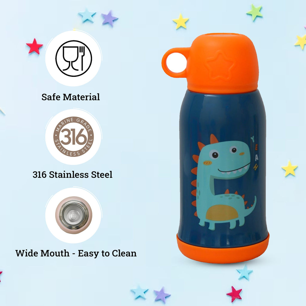 The protective features of the Yellow Bee Dino Flask including the BPA-free cup and premium quality sleeve