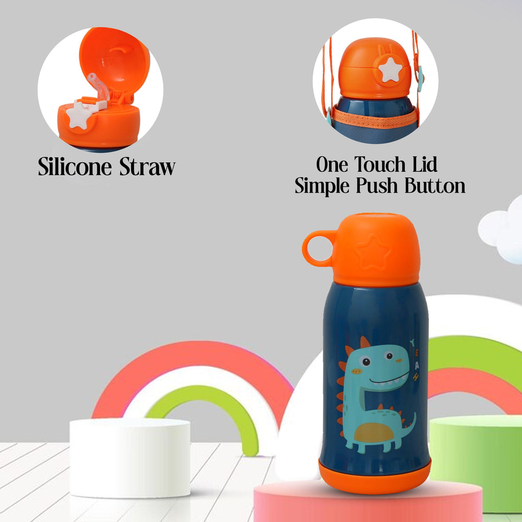 Features of the Yellow Bee Dino Flask showcasing the silicone straw and one-touch lid