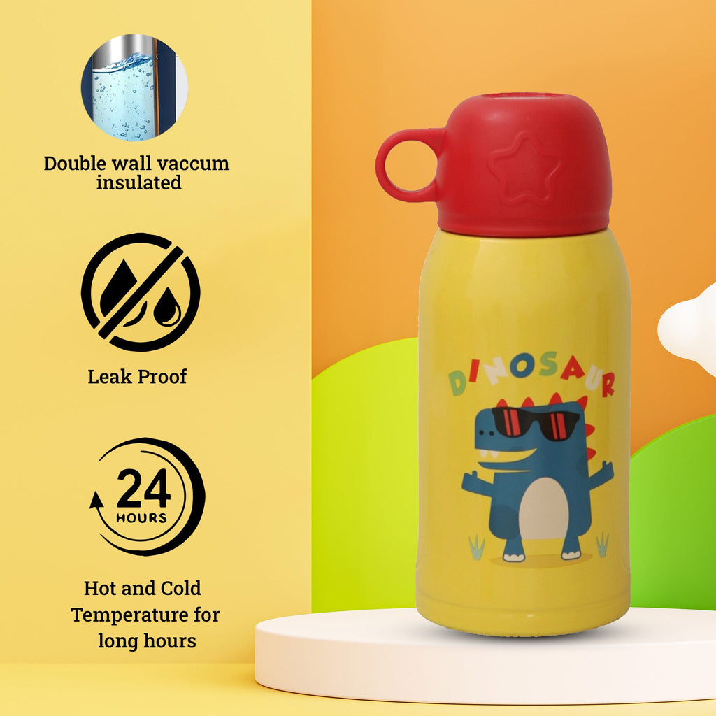Yellow Bee Dino Flask showcasing the double-wall vacuum insulation and leak-proof design.