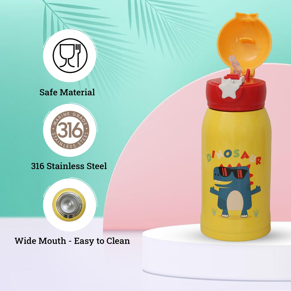 The safe material design of the Yellow Bee Dino Flask highlighting the 316 stainless steel and easy-to-clean wide mouth