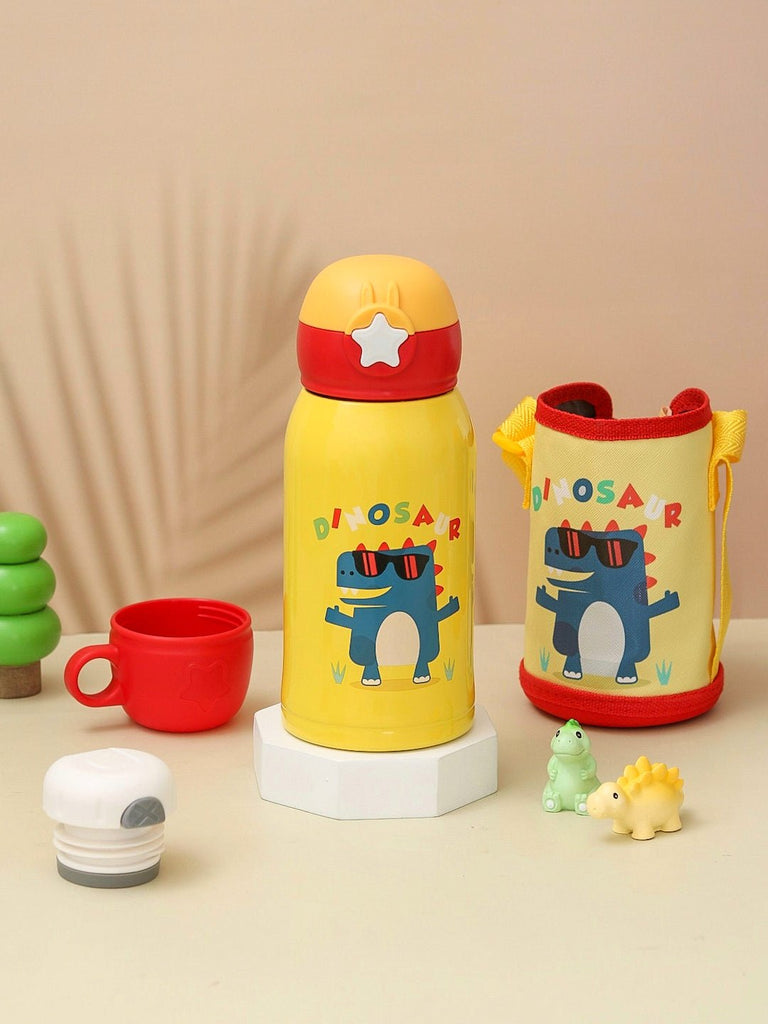Complete set of Yellow Bee's Yellow and Red Dino Flask with accessories, perfect for kids.