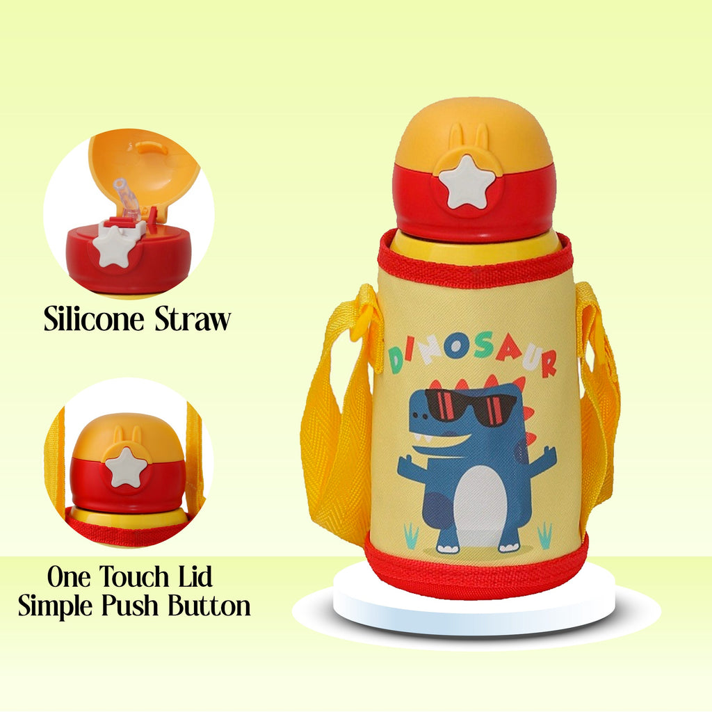 Functional features of the Yellow Bee Dino Flask showing the silicone straw and one-touch lid.