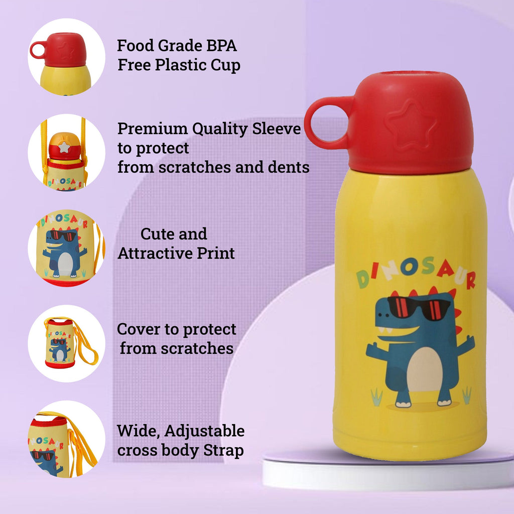 Design details of the Yellow Bee Dino Flask with a food-grade BPA-free cup and adjustable strap