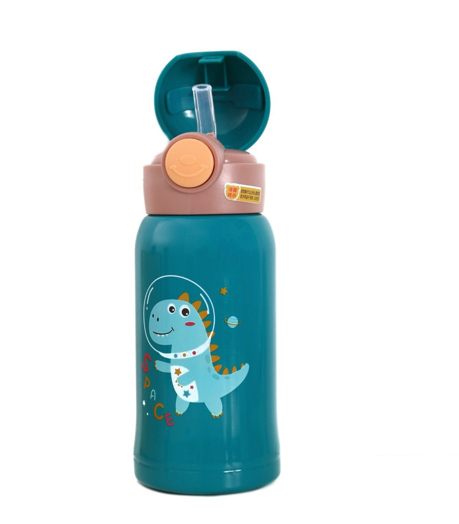 Open Yellow Bee blue Dino Space flask with straw for easy sipping