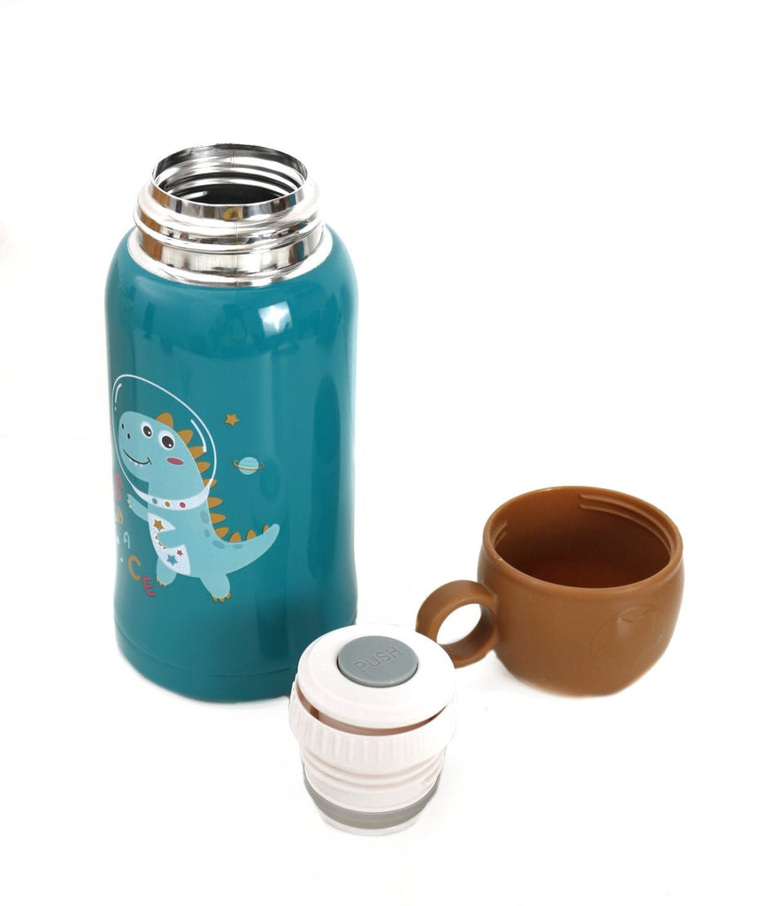 Disassembled Yellow Bee blue Dino Space flask with separate parts for easy cleaning