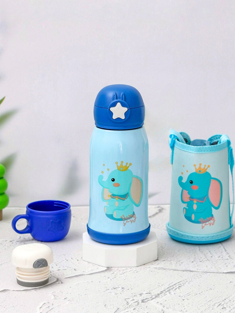 Yellow Bee's Blue Elephant Flask set with a cup and shoulder strap, ideal for kids