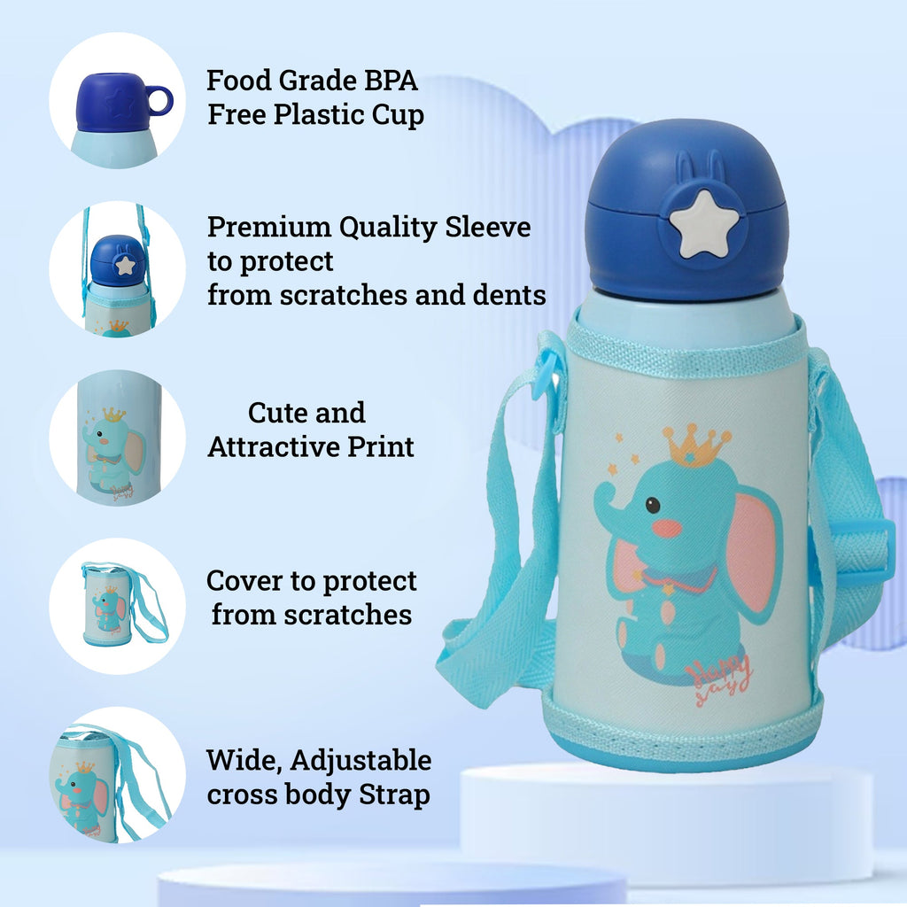 Design and protection details of the Yellow Bee Elephant Flask with a BPA-free cup and adjustable strap
