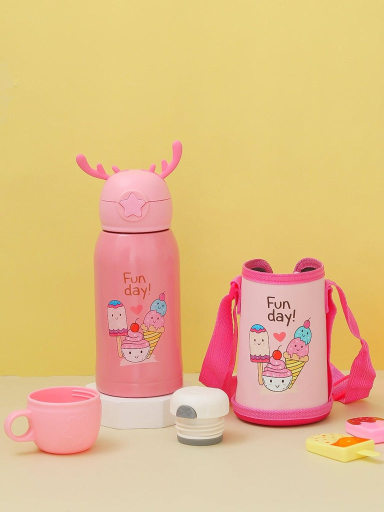 Complete set of Yellow Bee's Pink Ice-Cream Flask with cup and shoulder strap, perfect for children.