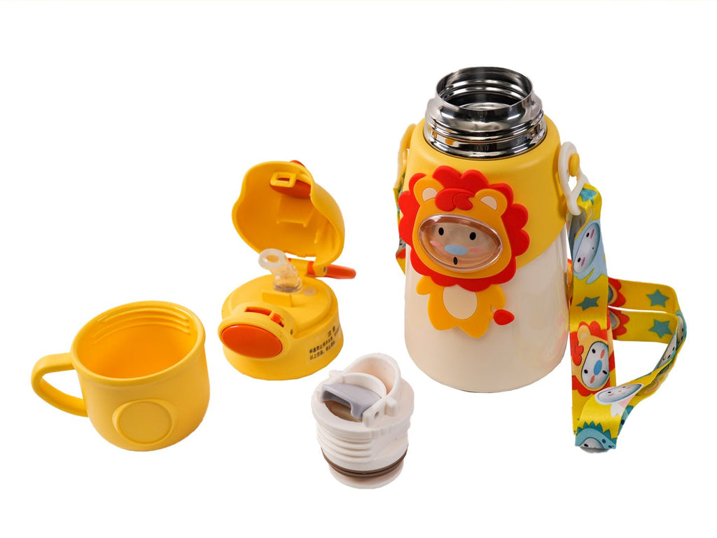 Open Yellow Bee Stainless Steel Lion Flask with cup and straw on white background