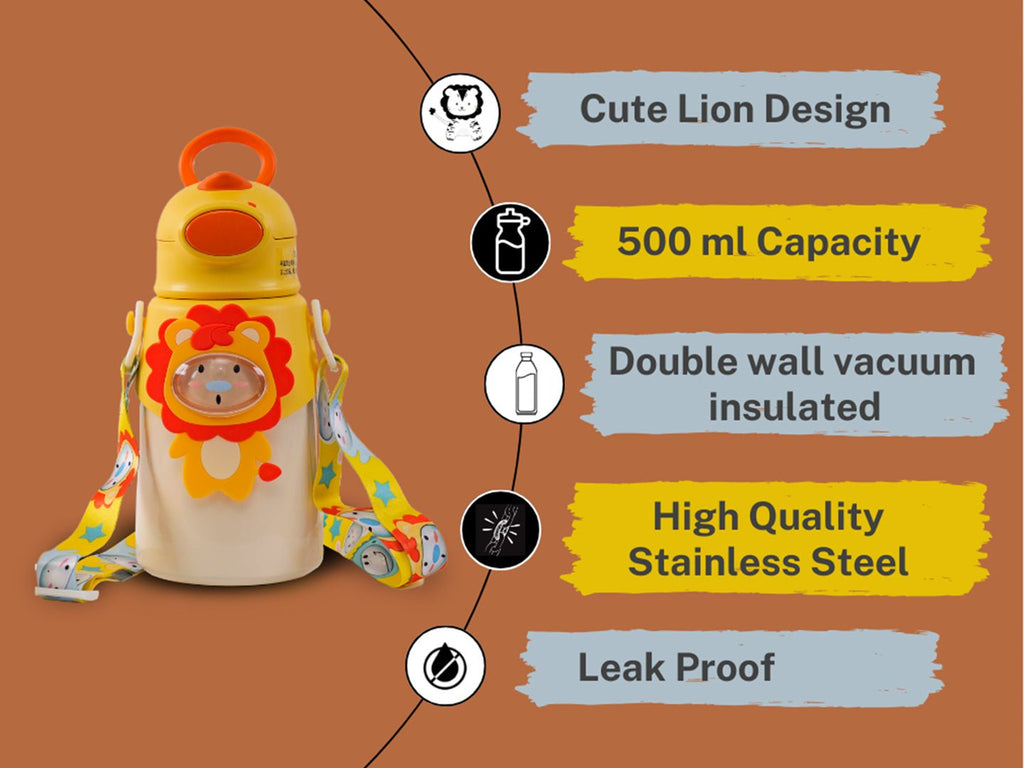 Infographic of Yellow Bee Lion Flask features including vacuum insulation and capacity