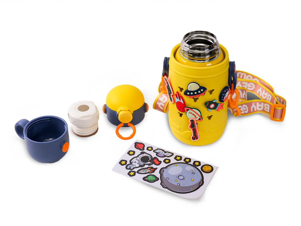 Full set of Yellow Bee's Space Theme DIY Flask with cup, stickers, and strap