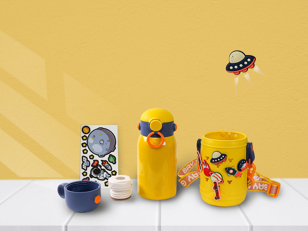 Yellow Bee's Space Theme DIY Flask with cup and stickers on yellow background