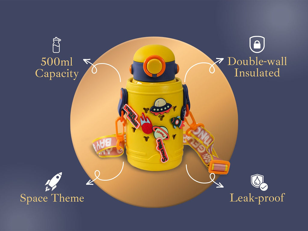 Features of Yellow Bee Space Theme DIY Flask showcasing leak-proof design and insulation